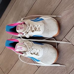 Reebok Nano trainers size 9 white/ blue/ pink